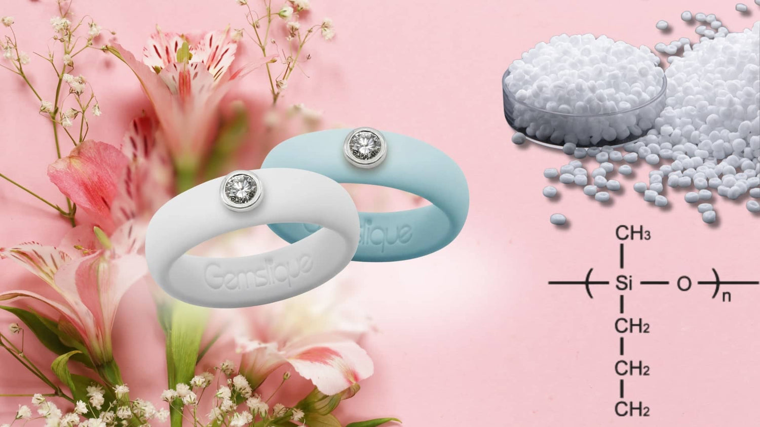 Two Caslique silicone rings with diamonds on a pink floral background, showing silicone material granules and its chemical formula.