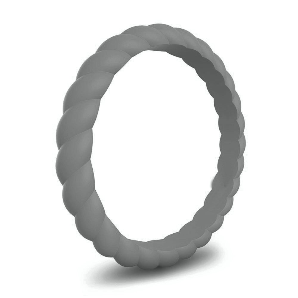 Stone grey twisted silicone ring with braided design on white background