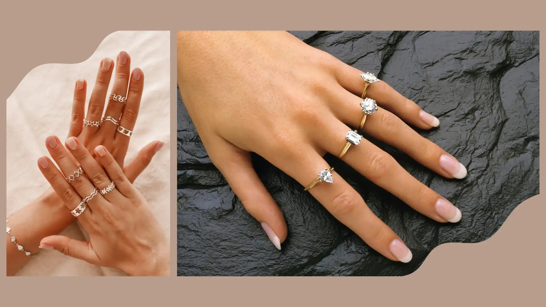 Various gold and silver rings worn on multiple fingers