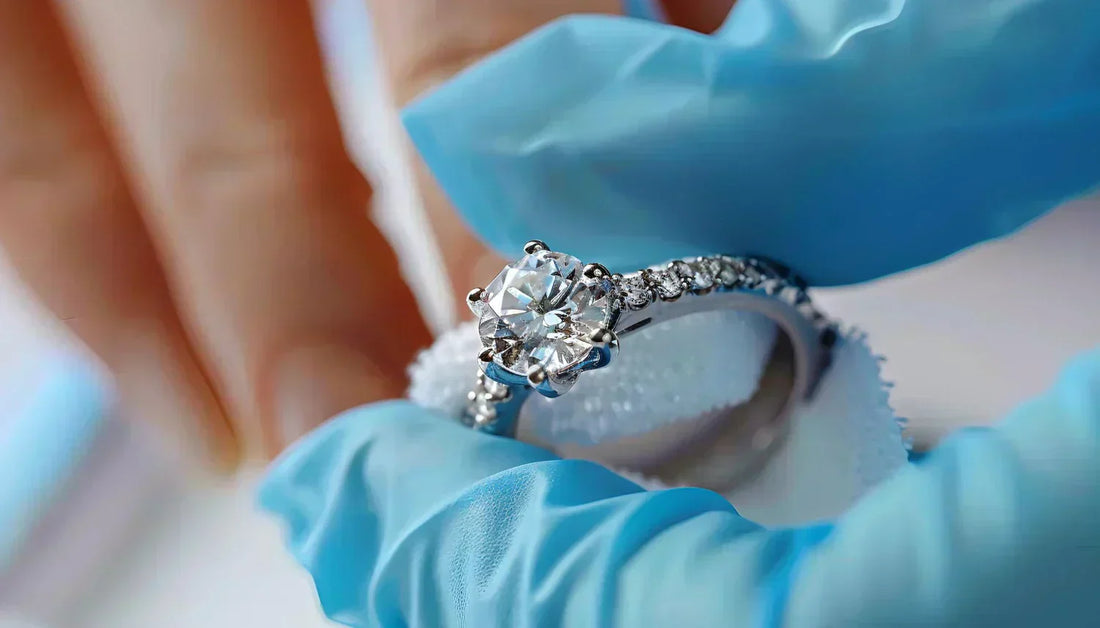 Close up of polishing a diamond ring with blue gloves