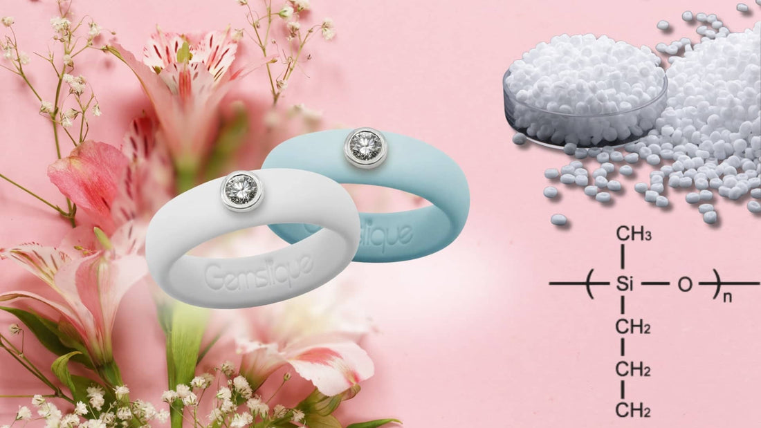 Two Caslique silicone rings with diamonds on a pink floral background, showing silicone material granules and its chemical formula.
