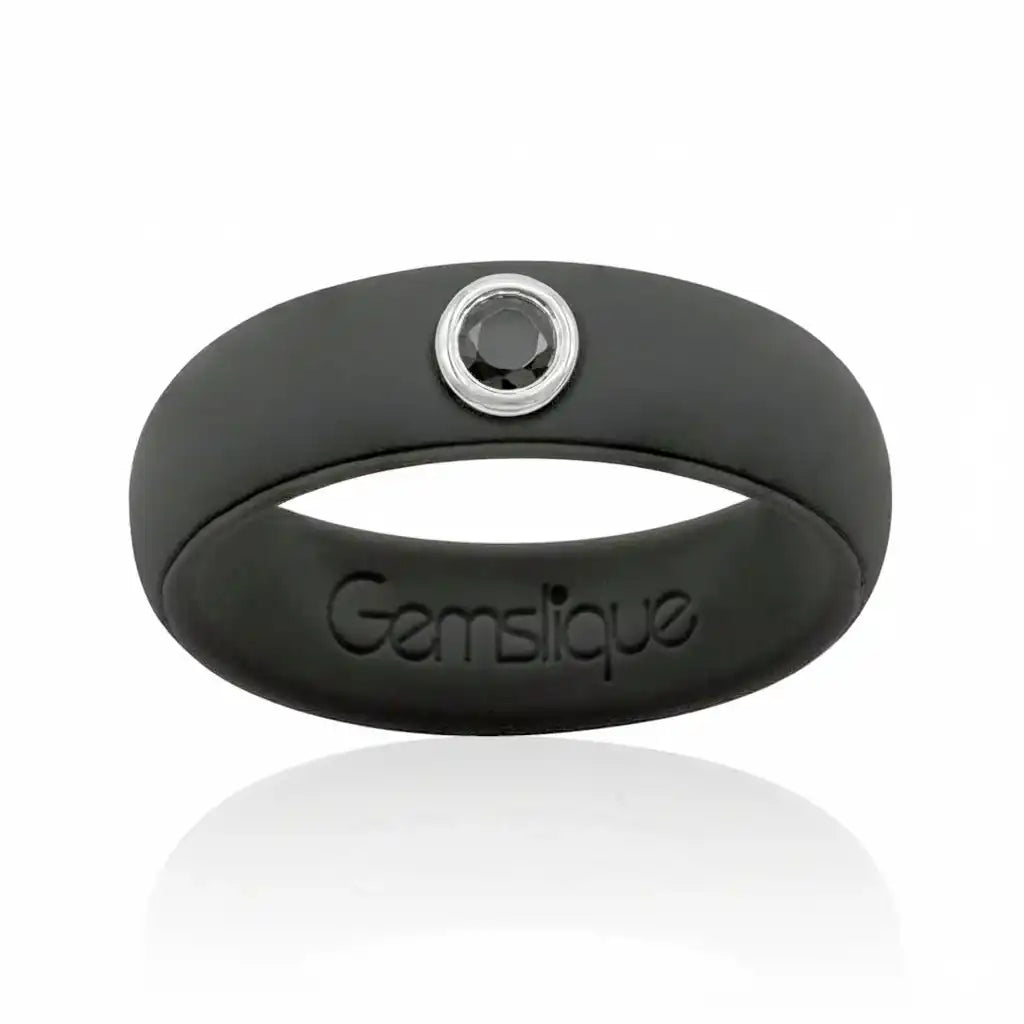 Black silicone ring with a single round black cubic zirconia stone set in silver bezel
