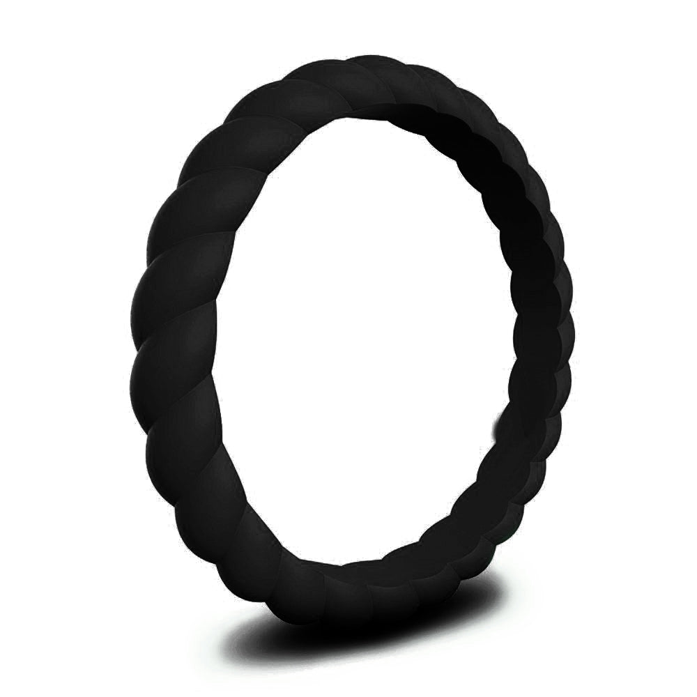 Black silicone ring with twisted rope design, modern and durable jewelry